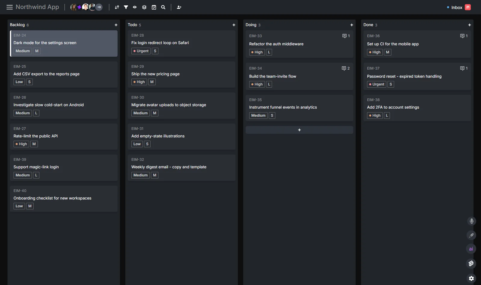 A Hypertask board — Backlog, Todo, Doing, Done — with humans and an AI agent working the same columns, the agent's progress comments visible right on the task cards