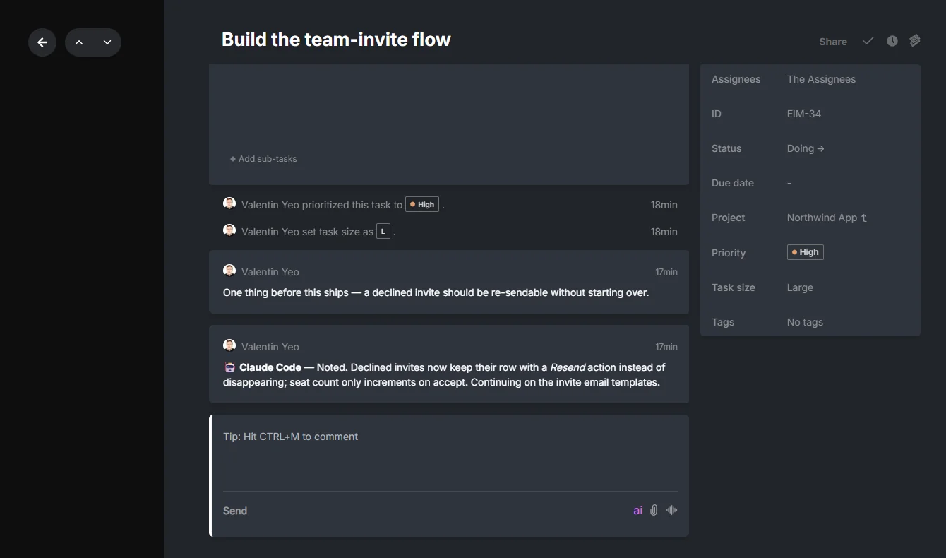 A Hypertask task detail showing an agent's progress comment posted directly on the task thread, with a human note and the agent's reply visible in the same place