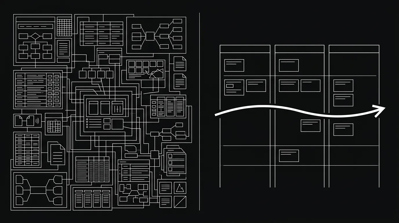 Split-screen line illustration: a dense interconnected workspace canvas on the left, a clean three-column kanban board with a fast arrow on the right