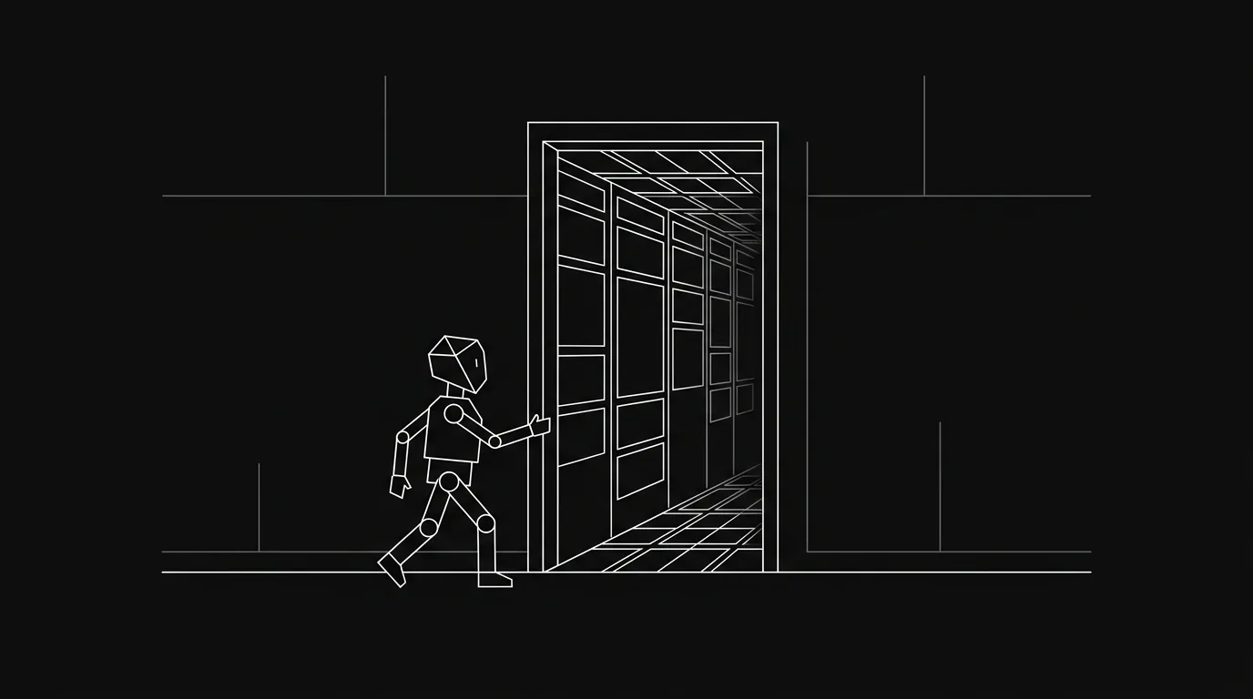 An AI agent stepping through an open doorway into a project board — the metaphor of a board with a door agents can open