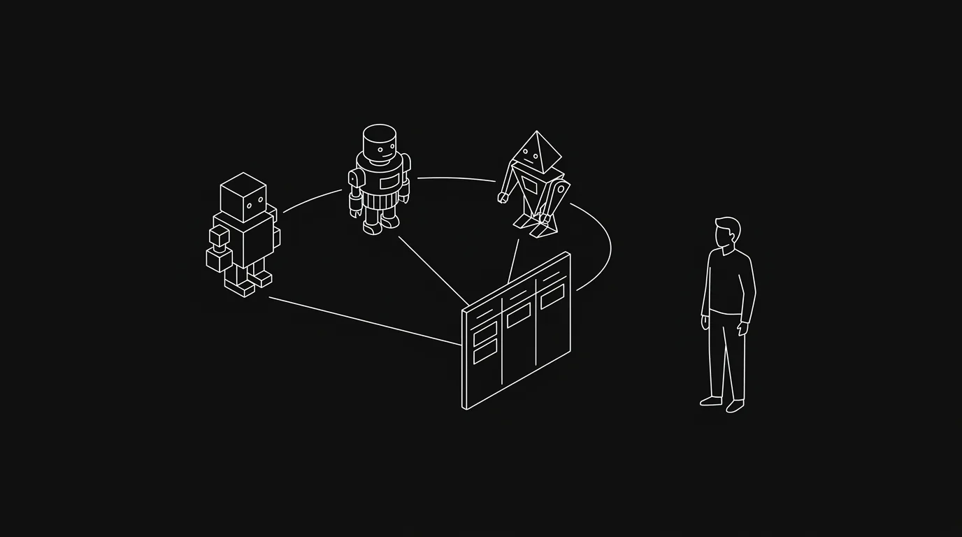 Three distinct AI agents orchestrated around one shared project board, with a human observing