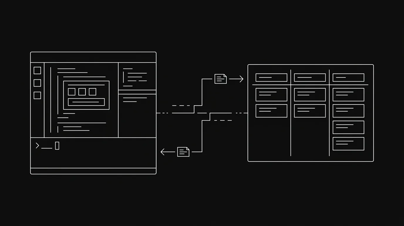 A code editor connected to a kanban project board by an MCP bridge