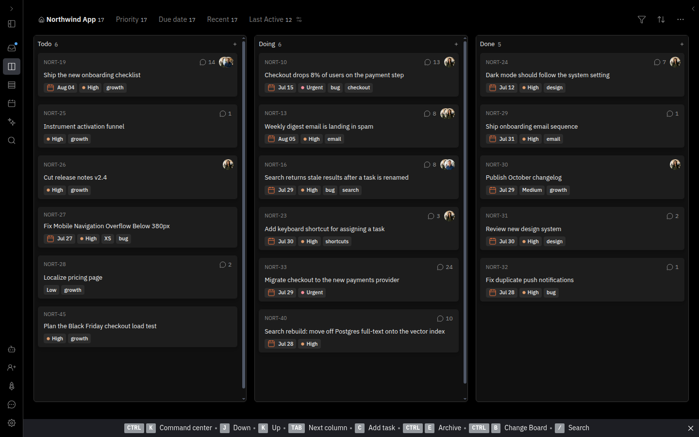 A Hypertask Kanban board in the AMOLED theme with Todo, Doing and Done columns